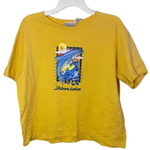 VTG 90s Basic Editions Florida Dolphin 🐬 Yellow Tee Large - Picture 2 of 8